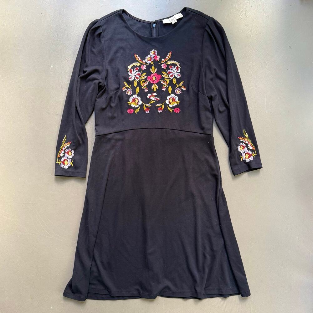 LOFT Petites Floral Embroidered Black Dress 6P Fall Wedding Holiday Party